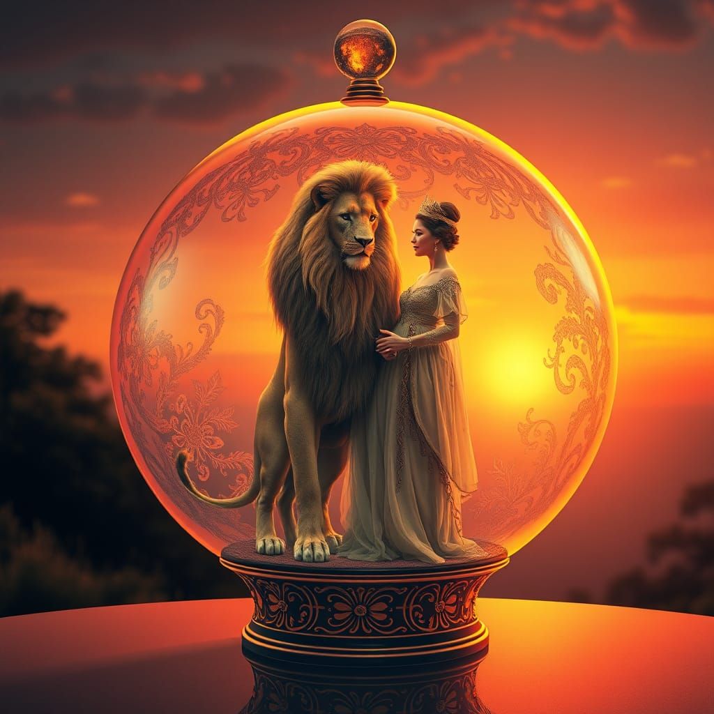 Lion and Woman in Glass Sphere at Sunset
