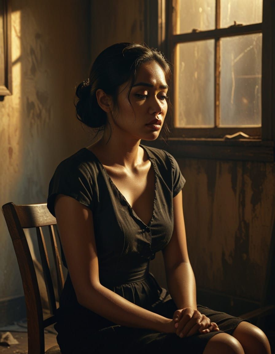 Distressed Indonesian Woman in Dark Room
