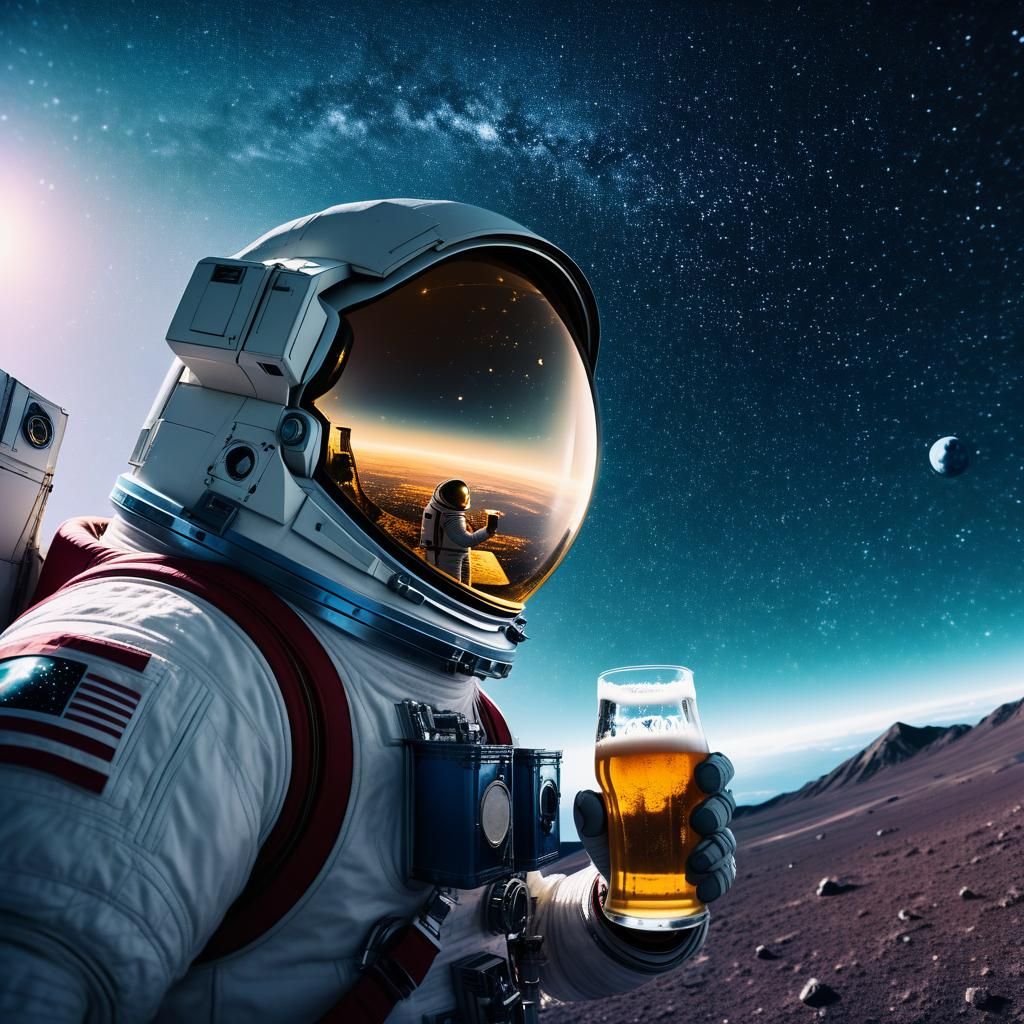Astronaut and Akita Enjoying a Beer in Space
