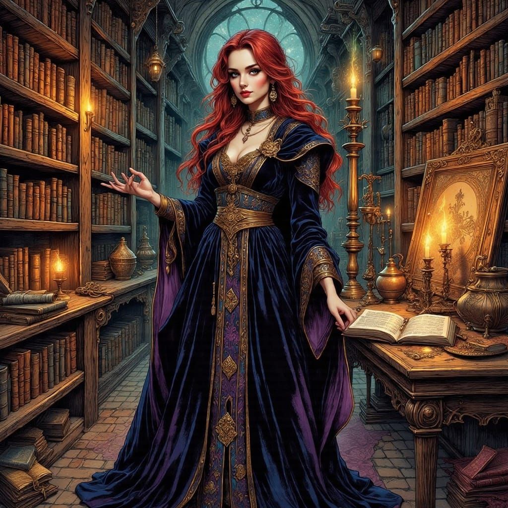 Sorceress in Medieval Castle Library, as Ink Illustration