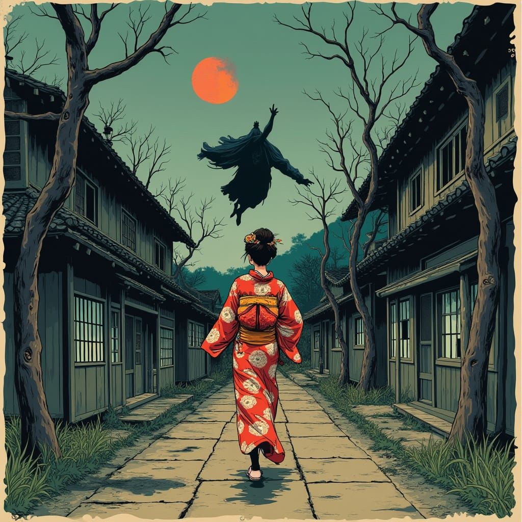 Eerie Japanese Horror Scene in Classic Movie Poster Style
