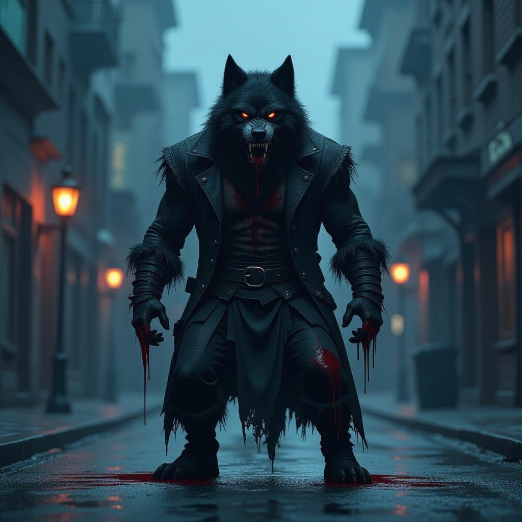 Fearsome Dog Man in Dark City Street - Horror Art