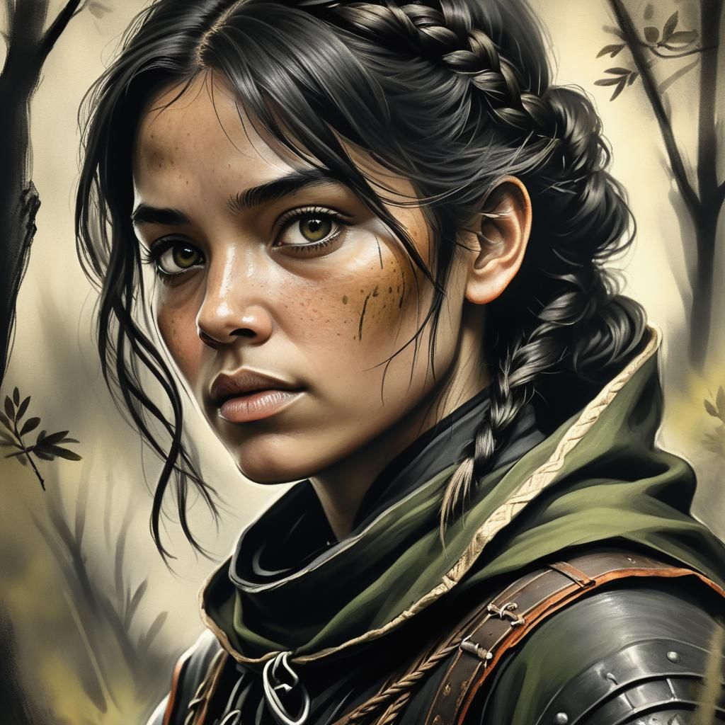 Medieval Woman in Charcoal Portrait, Dark Earthy Tones