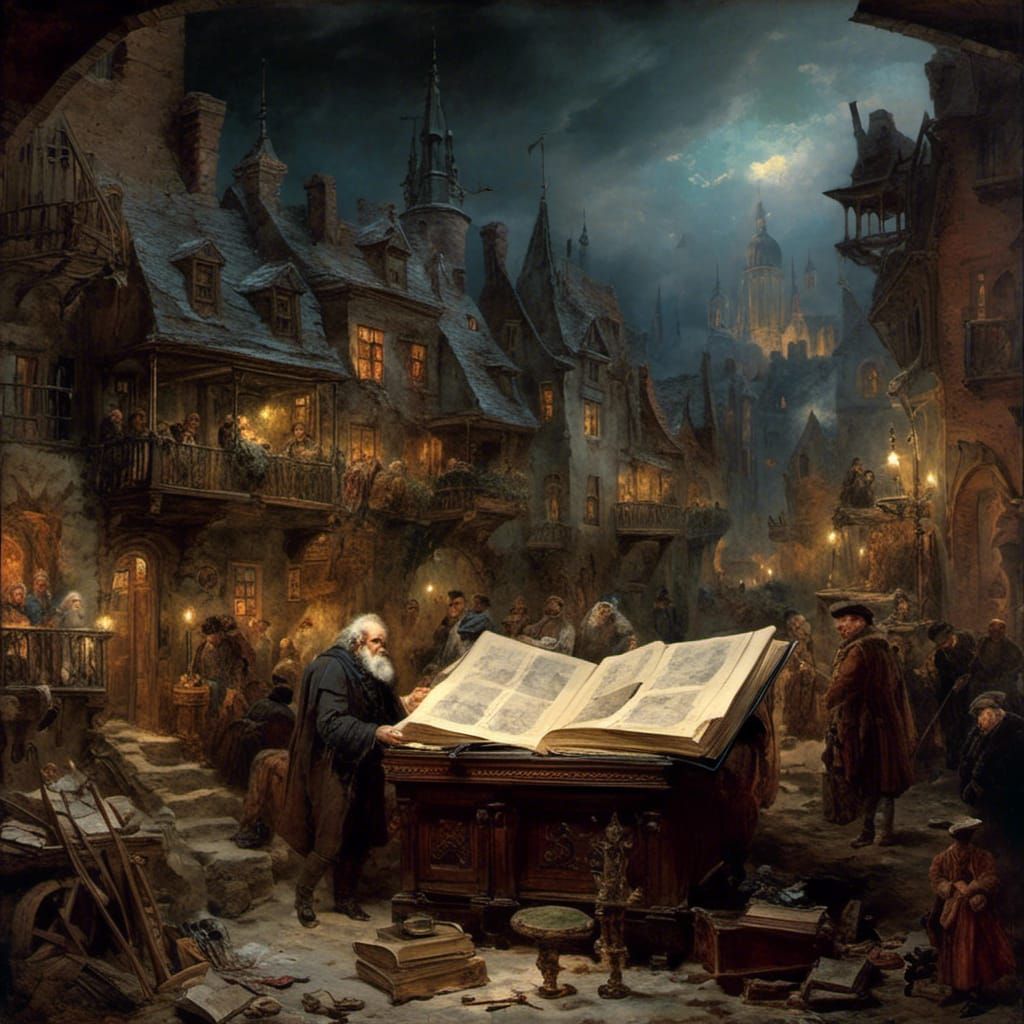 <lora:Matejko:1.0>  Miniature Village world coming out of an...