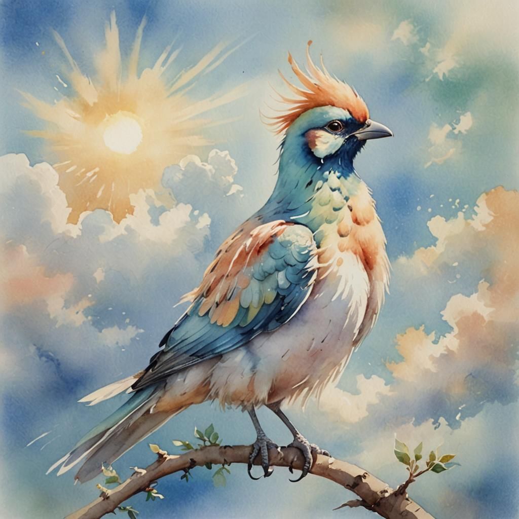 Radiant Bird Spreading Wings in Watercolor Sky