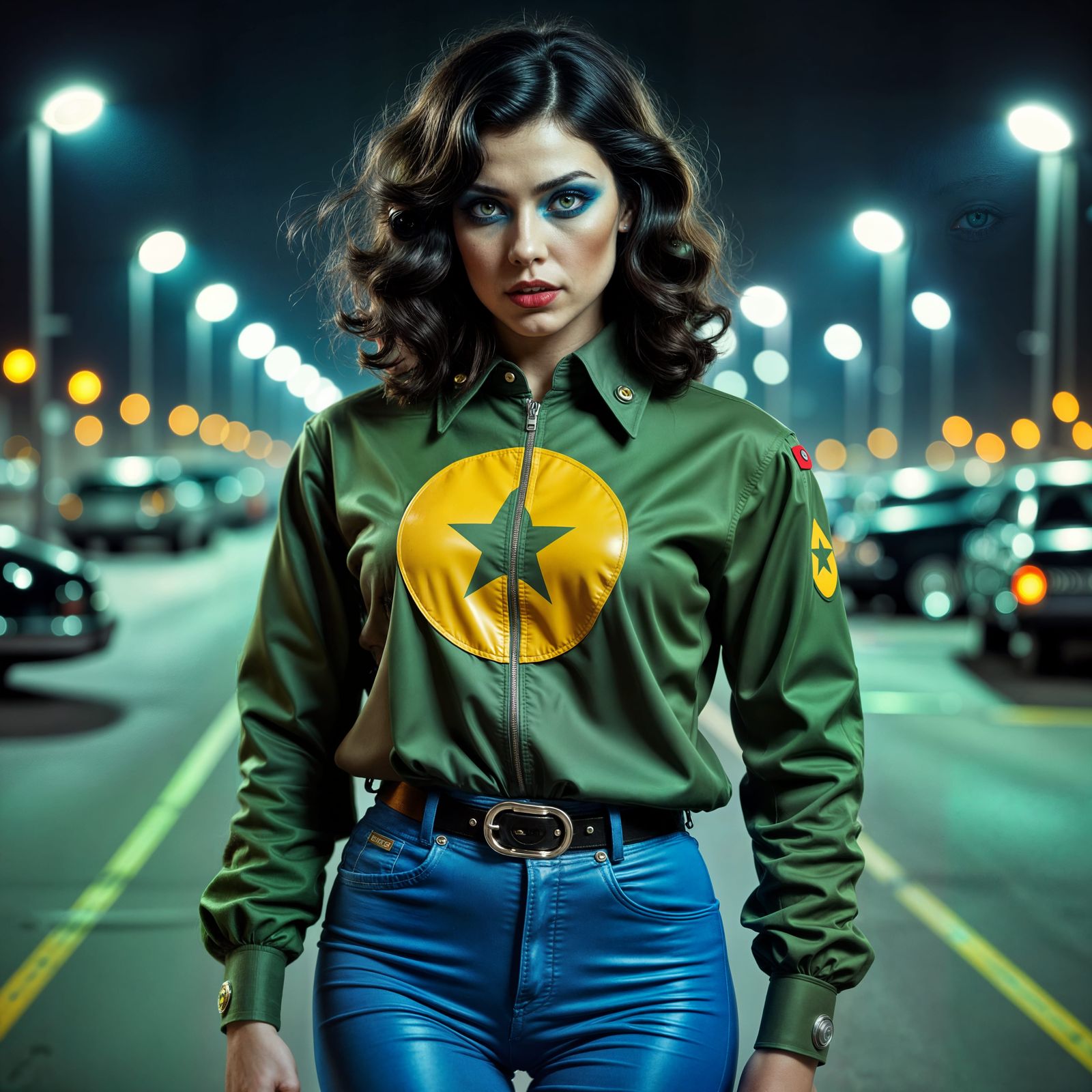 Woman with Dangerous Eyes in Retro Futuristic Parking Lot