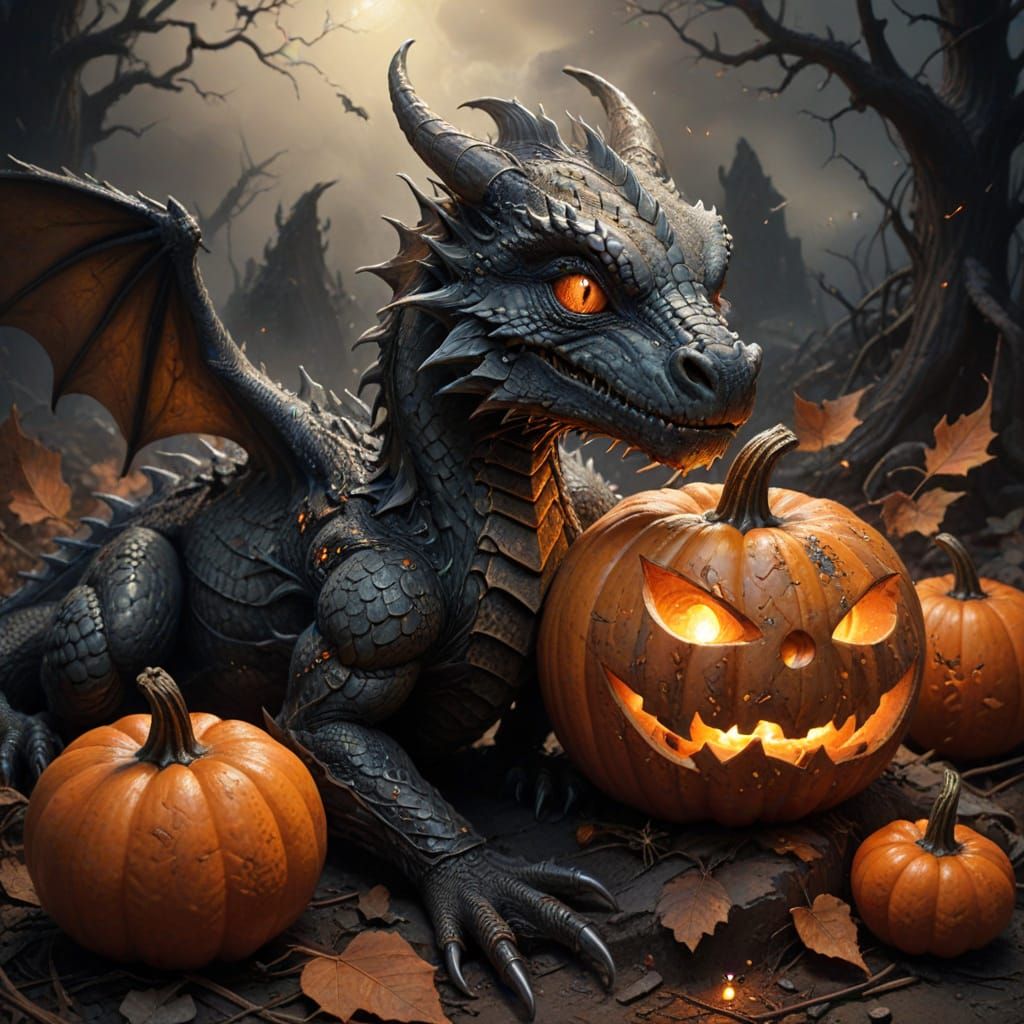 Baby Dragon Emerging From Halloween Pumpkins in Charcoal Sty...