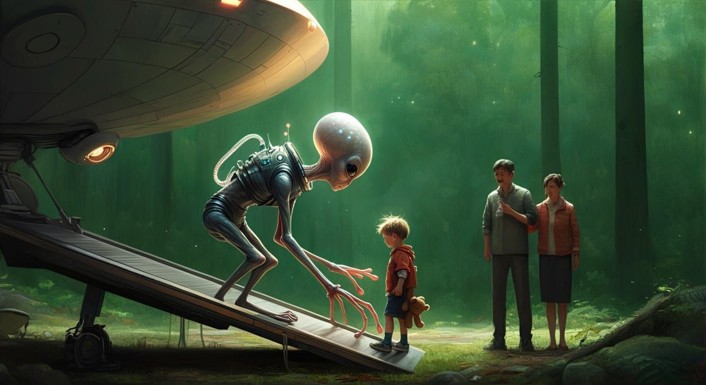 Friendly Alien Encounter in Whimsical Futuristic Landscape