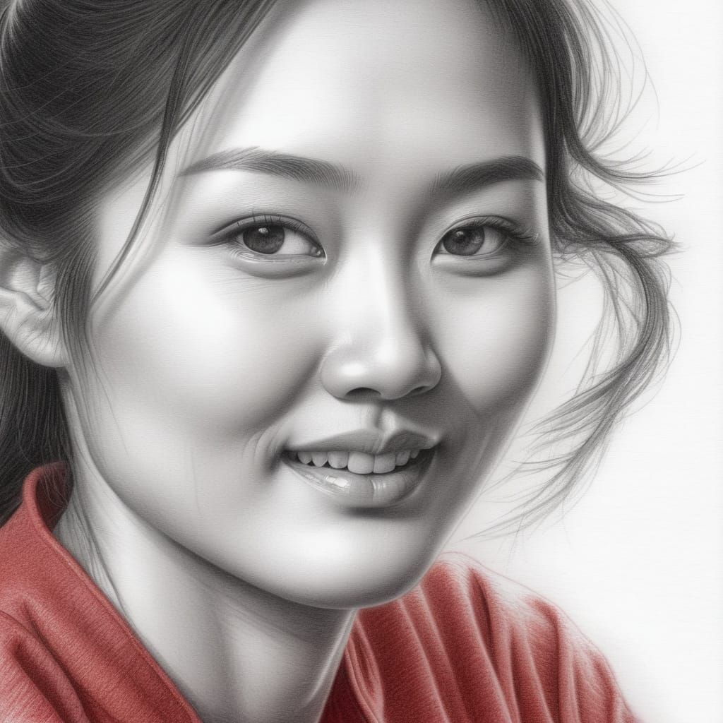 Expressive Pencil Portrait of Woman in Red