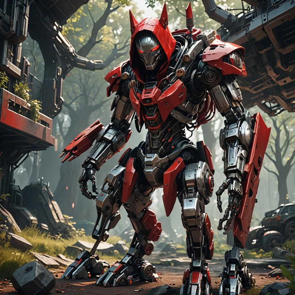 Futuristic Little Red Riding Hood Robot in Sci-Fi Style