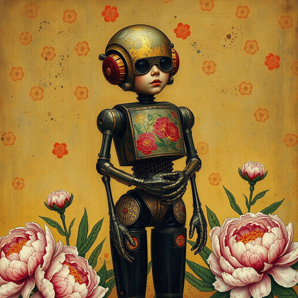 Robot Baby in Peony Field: Klimt-Inspired Alcohol Ink