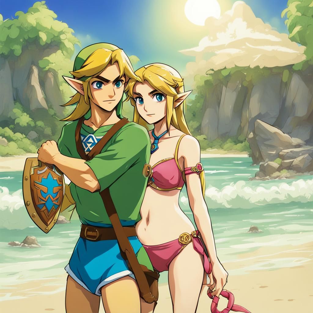 Link and Zelda in Swimsuits at the Beach