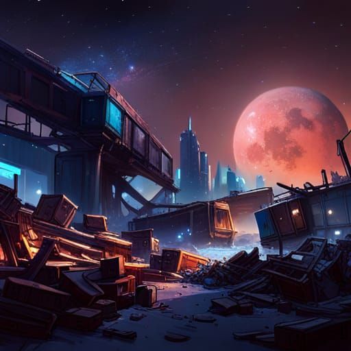 Scrapyard Under Milky Way: Fantasy Digital Art