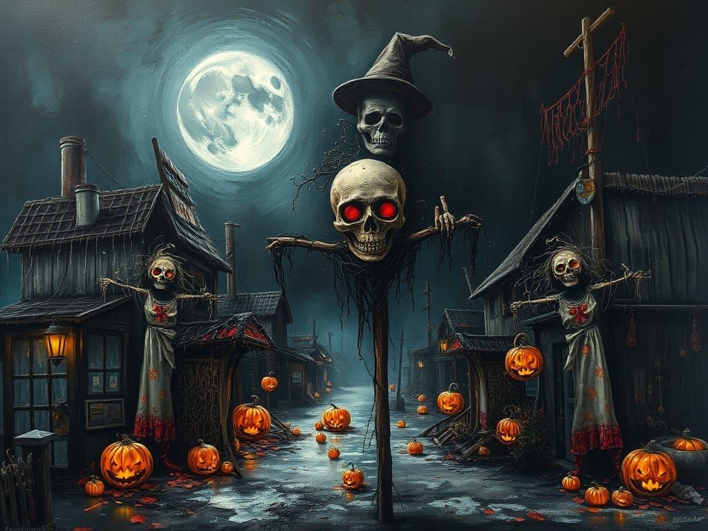 Sinister Halloween Scarecrows In Cyberpunk Town