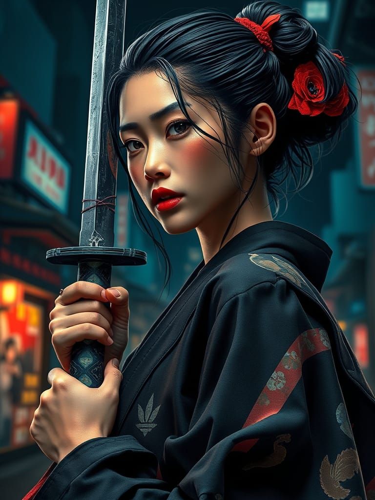 Hyperrealistic Samurai Woman in Gritty Nocturnal Scene