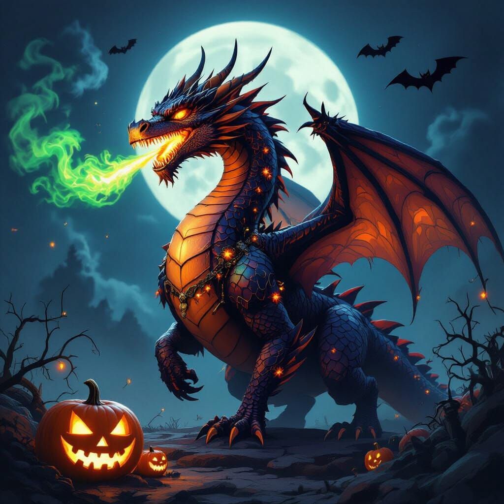 Majestic Dragon Adorned With Halloween Decorations