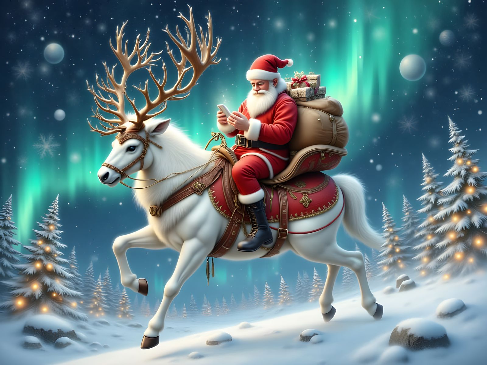 Santa Texting While Riding a Reindeer