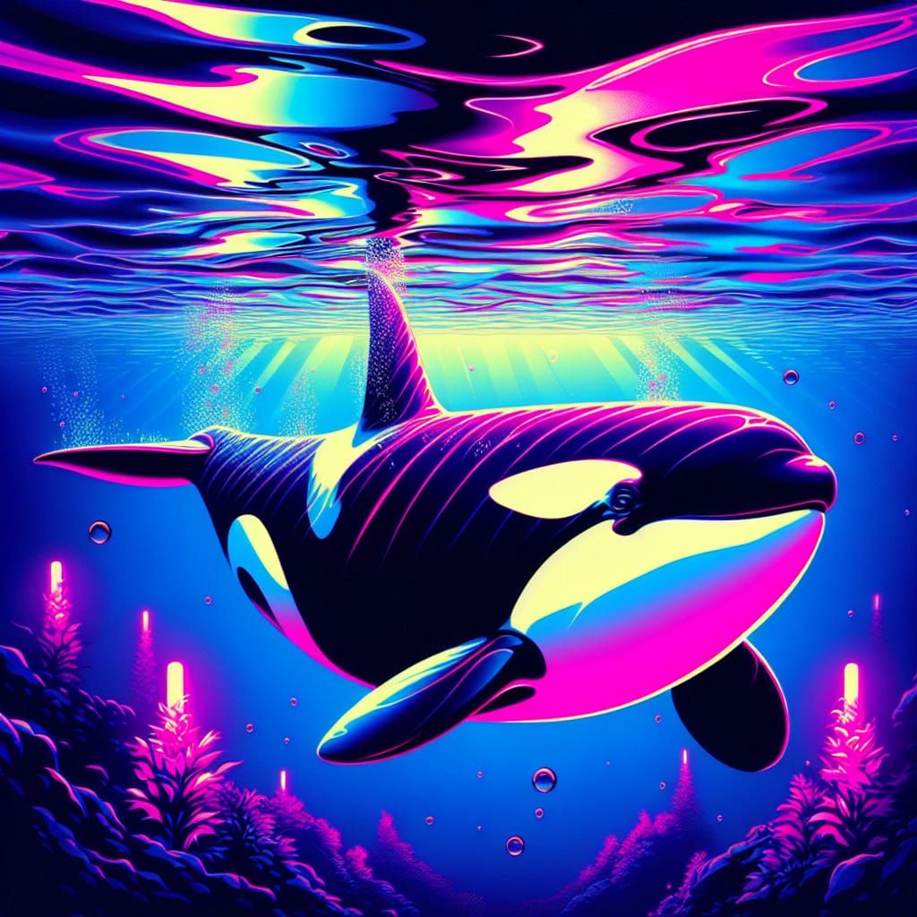 Orca Swimming in a Synthwave Underwater Scene