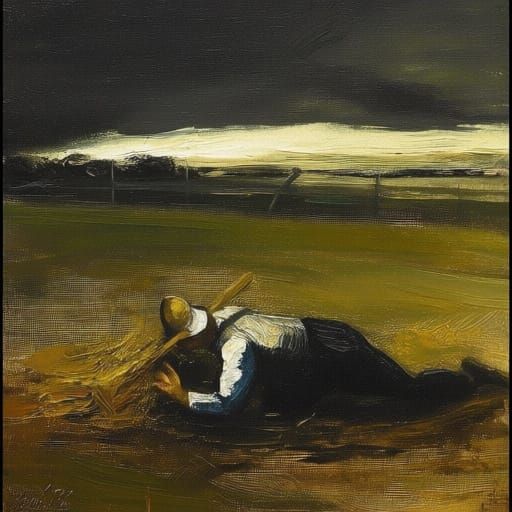 Melancholy Reaper in Somber Landscape Oil Painting