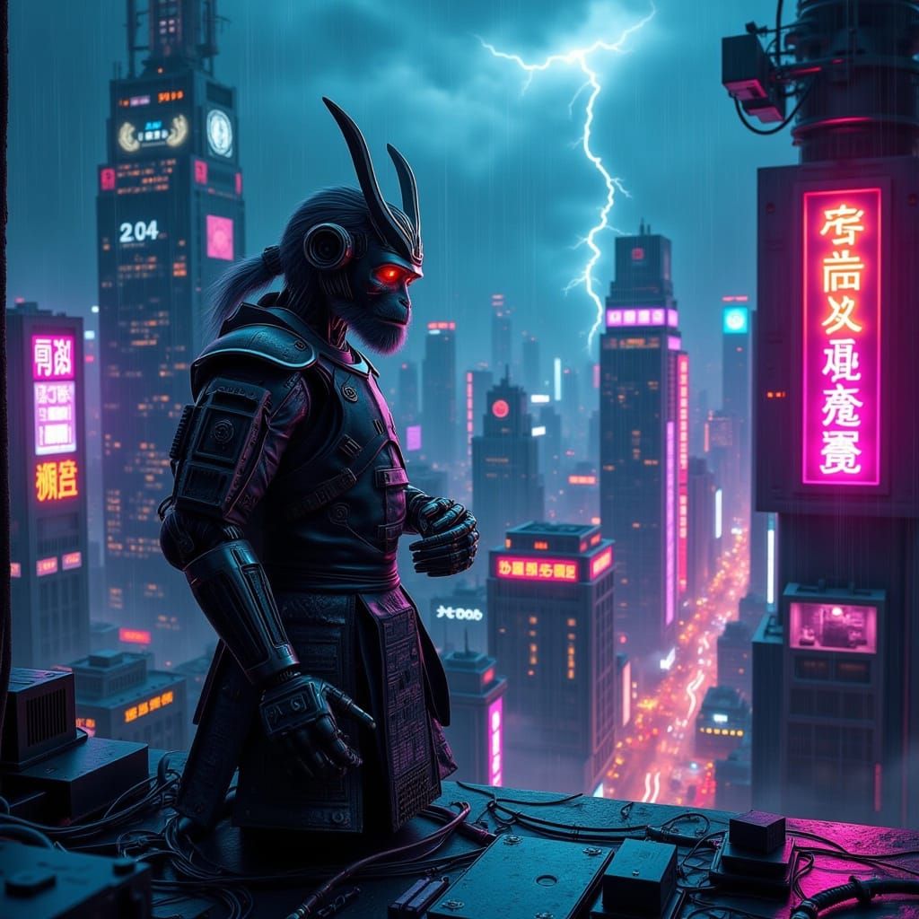 Cyberpunk Samurai on Neon Metropolis Rooftop
