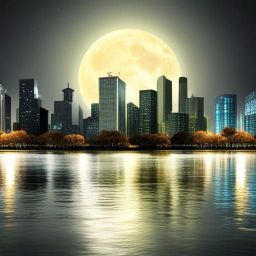 Blue Moons Over Cityscape and Dark Forest