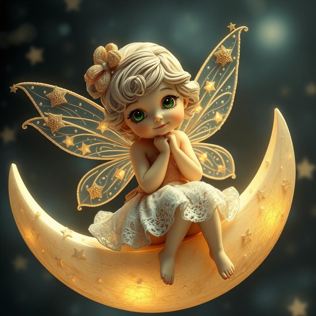 Beautiful Fairy on Moon with Star Wings