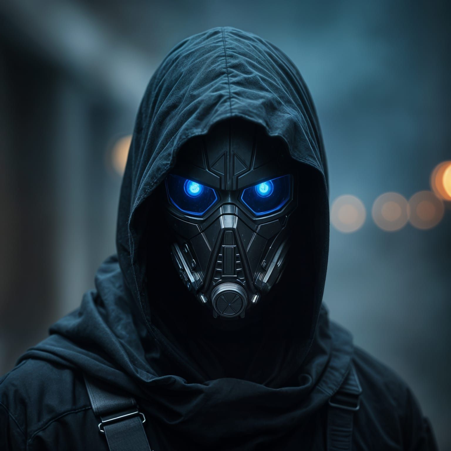 Gritty Dark Vigilante with Robotic Mask in Moody Daylight