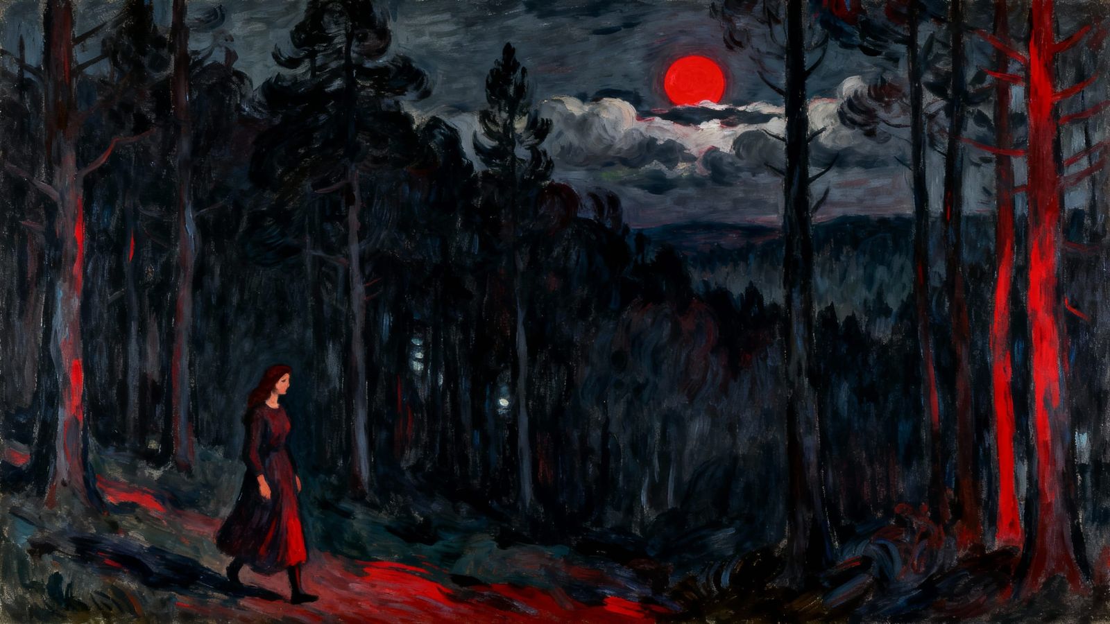 Woman in Dark Forest Under Red Moon, German Expressionist St...