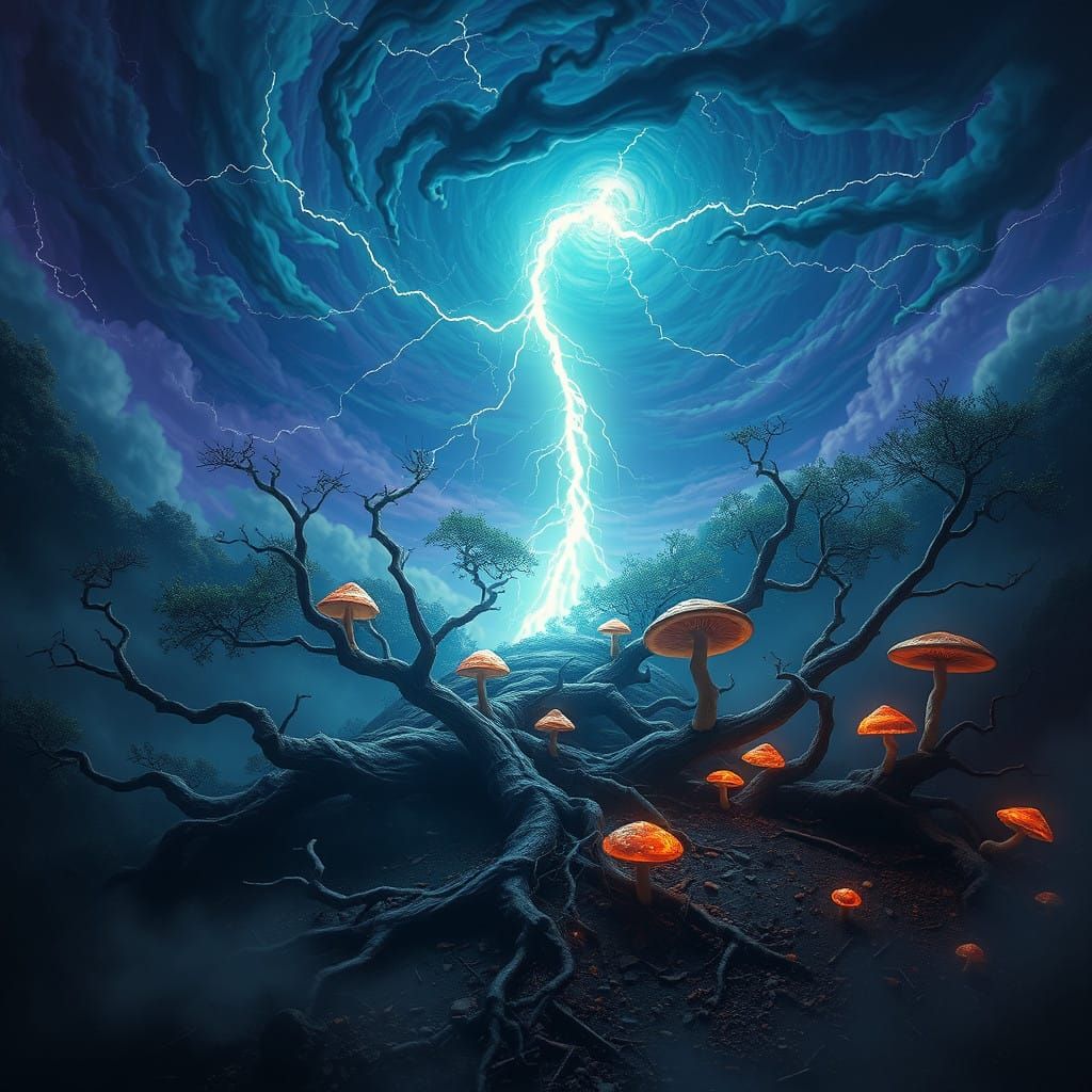 Ethereal Lightning Illuminates Ancient Forest in Cyberpunk L...