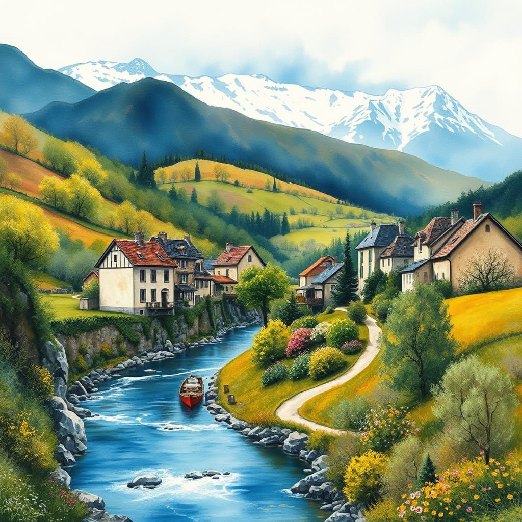 Quaint French Village in Vibrant Spring Bloom