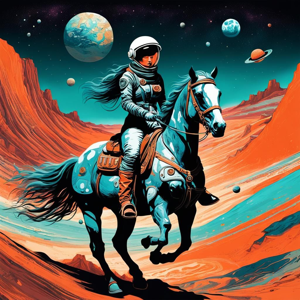 Astral Cowgirl Rides on Alien World: Abstract Art