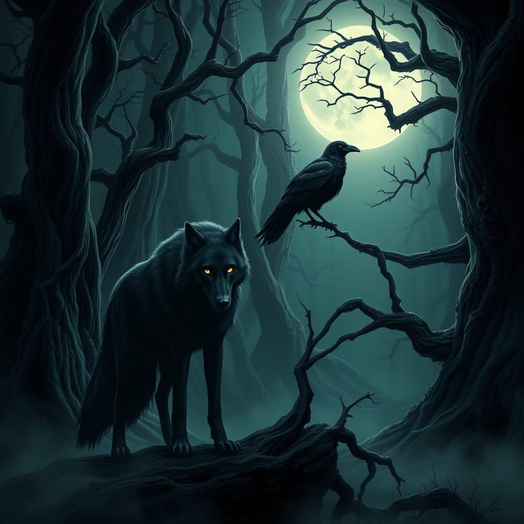 Eerie Wolf and Crow in Moonlit Forest