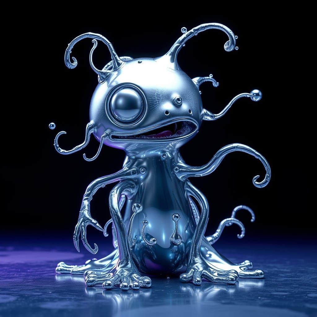 Shimmering Liquid Mercury Creature in a Dark, Gradient Night...