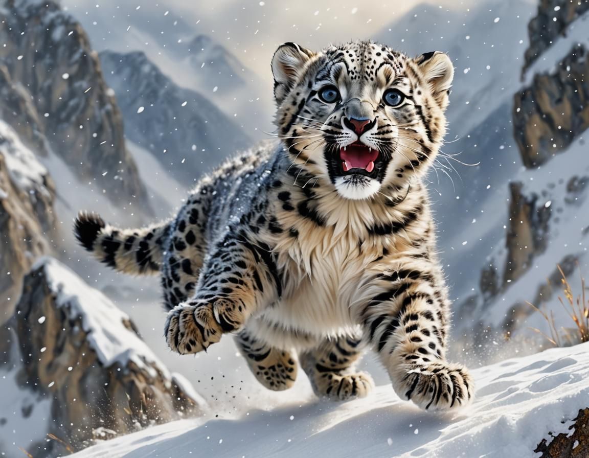 Playful Snow Leopard Cub Leaping in Snow