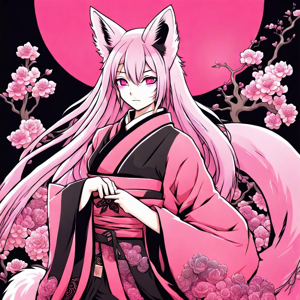 Pink and Black Kitsune in Anime Manga Style