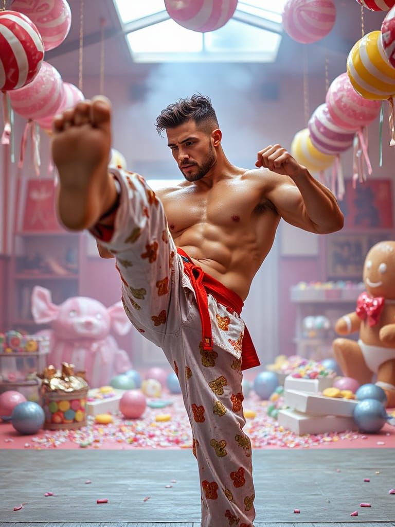 Candy Dojo Bodybuilder's Karate Kick: Hyperrealistic Film St...