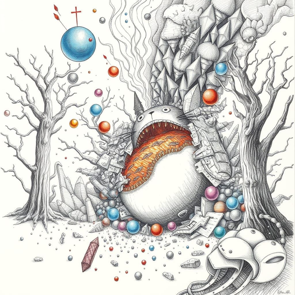 Totoro Collapse: Psychedelic Surrealism Art Deco Drawing