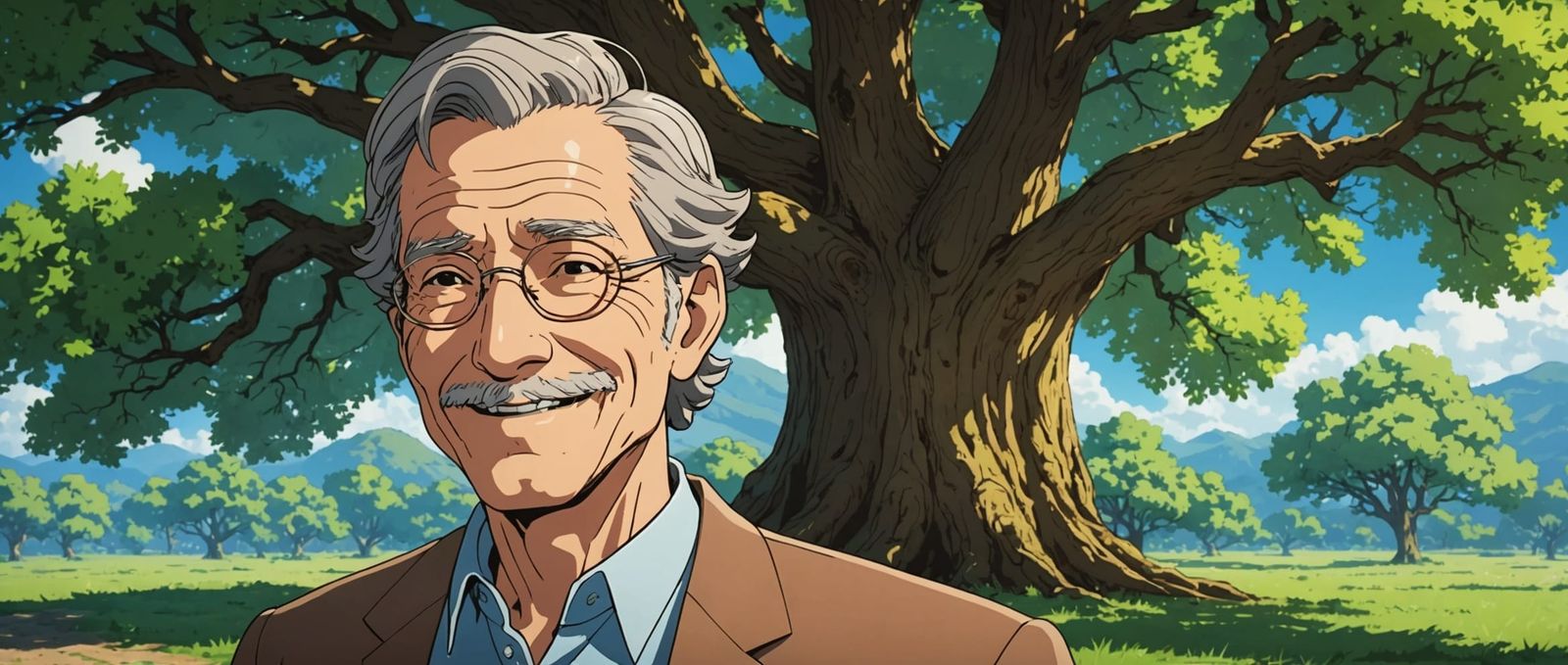 Smiling Grandfather Oak Tree in Anime Style