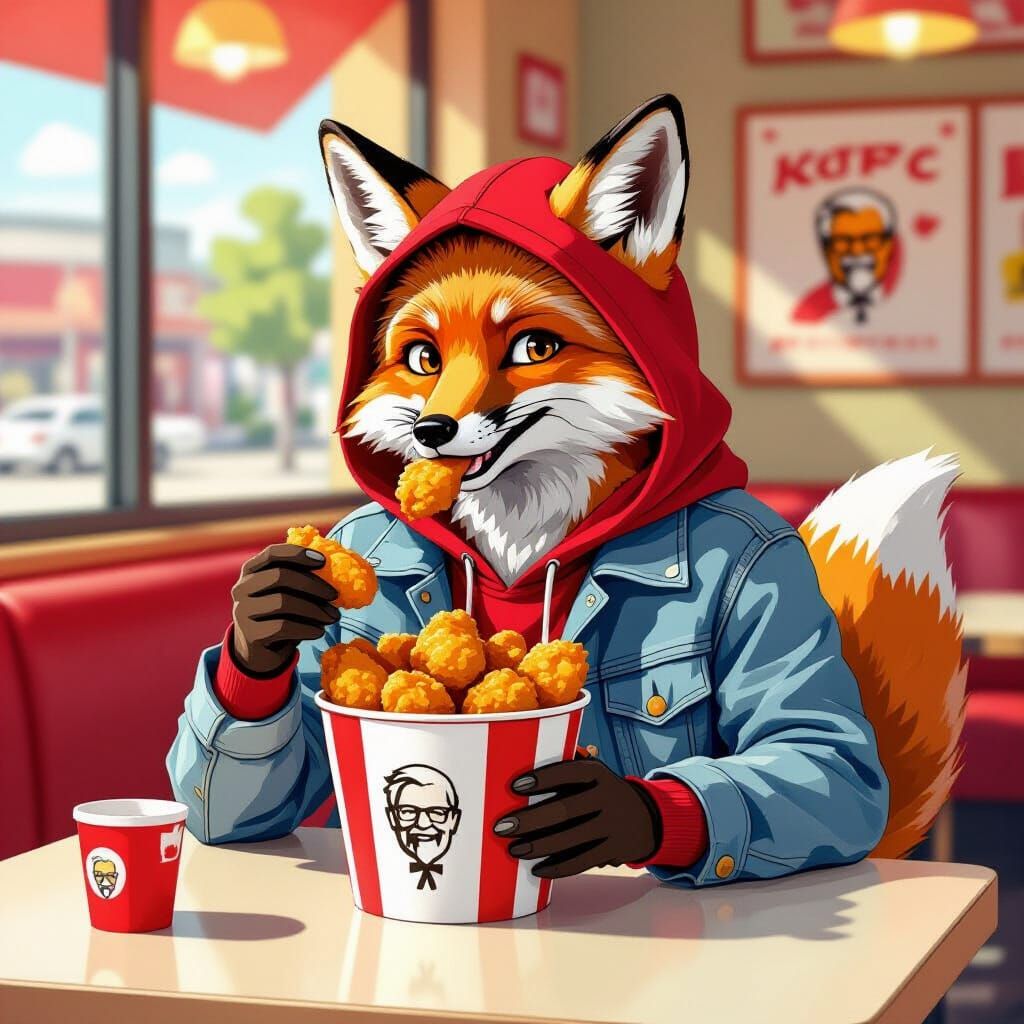 Fox Enjoys KFC in Stylized Digital Art