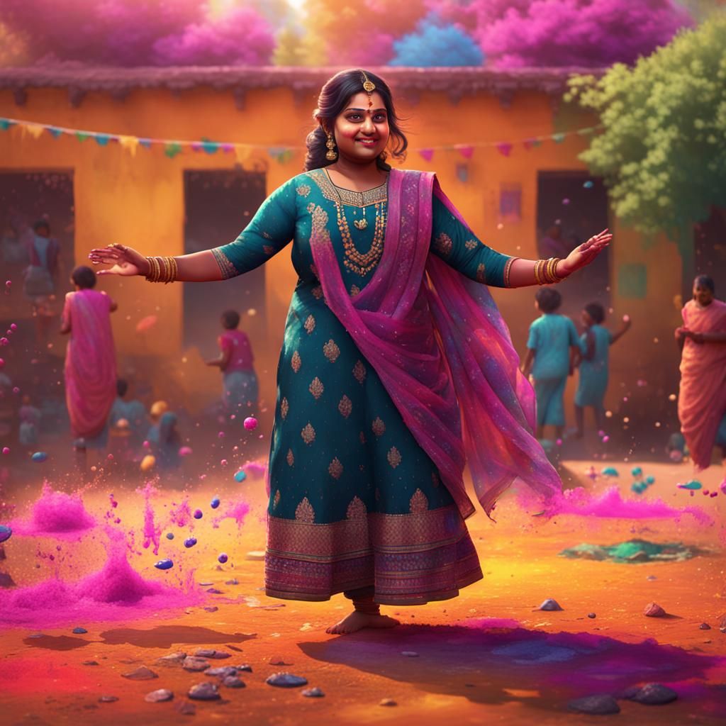 Indian Girl Playing Holi: Detailed Matte Painting