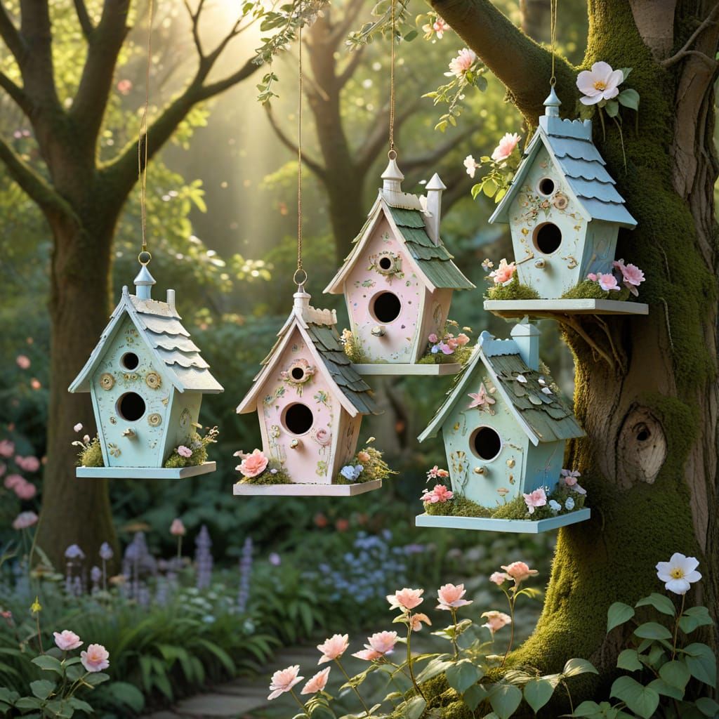 Enchanted Garden: Whispering Birdhouses in Pastel Colors