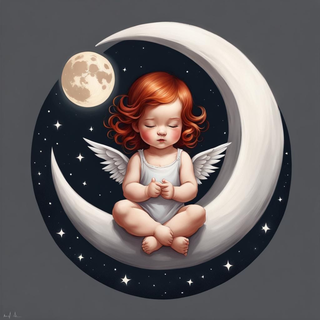 RED HAIRED BABY ANGEL ON CRESCENT MOON 8