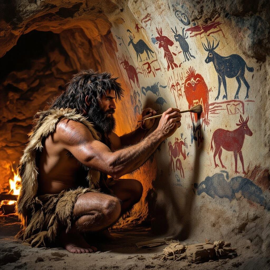 Caveman Painting Ancient Glyphs by Firelight