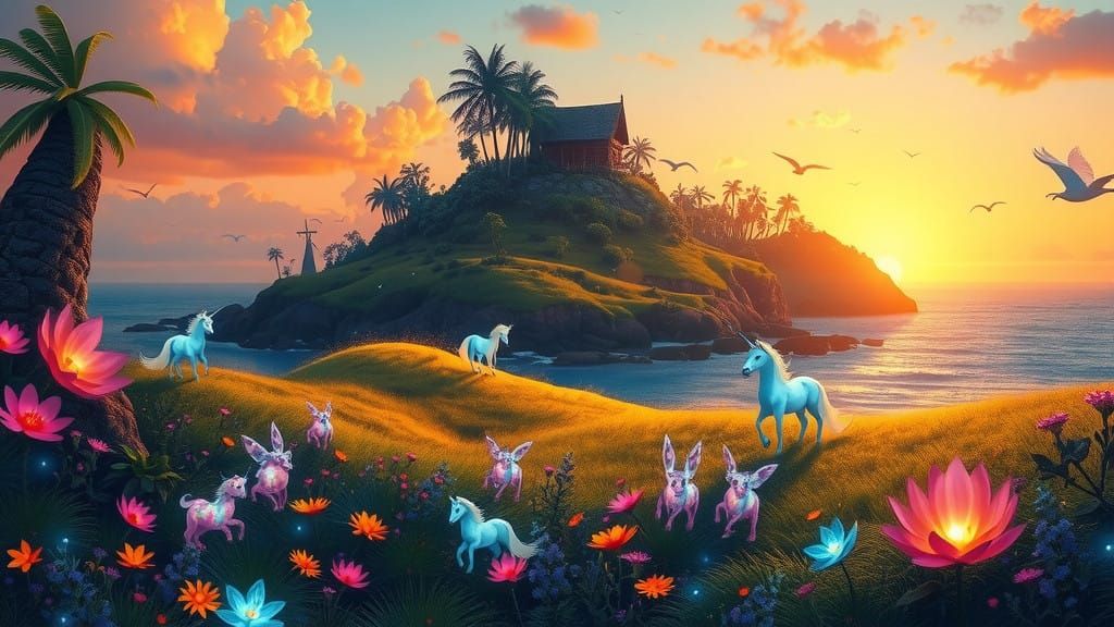 Dreamlike Island at Sunset, Whimsical Creatures and Glowing ...