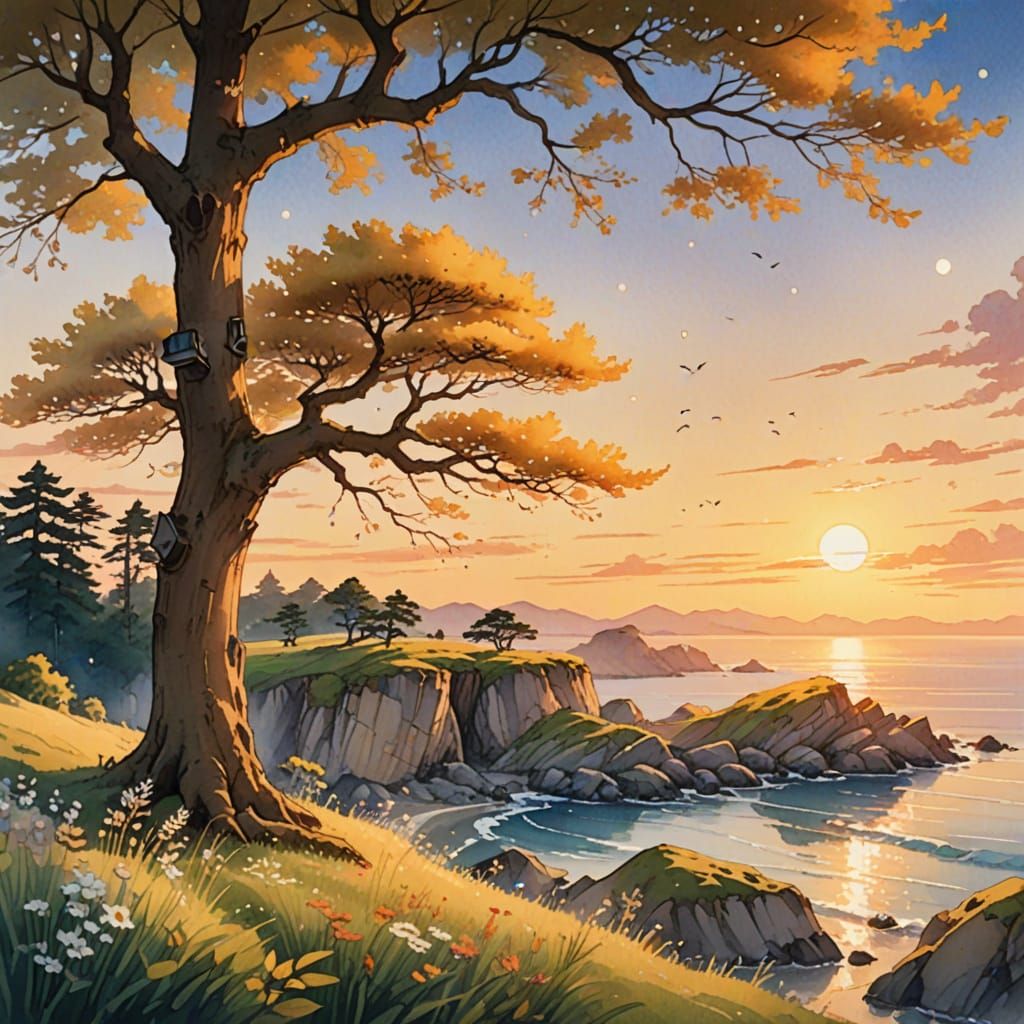 Serene Watercolor Cliff Scene with Fox and Lantern