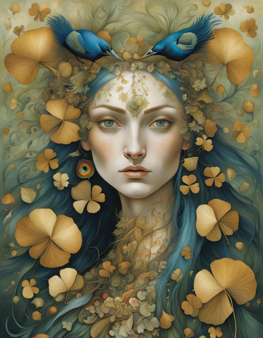 Fantasy Girl Surrounded by Golden Clovers