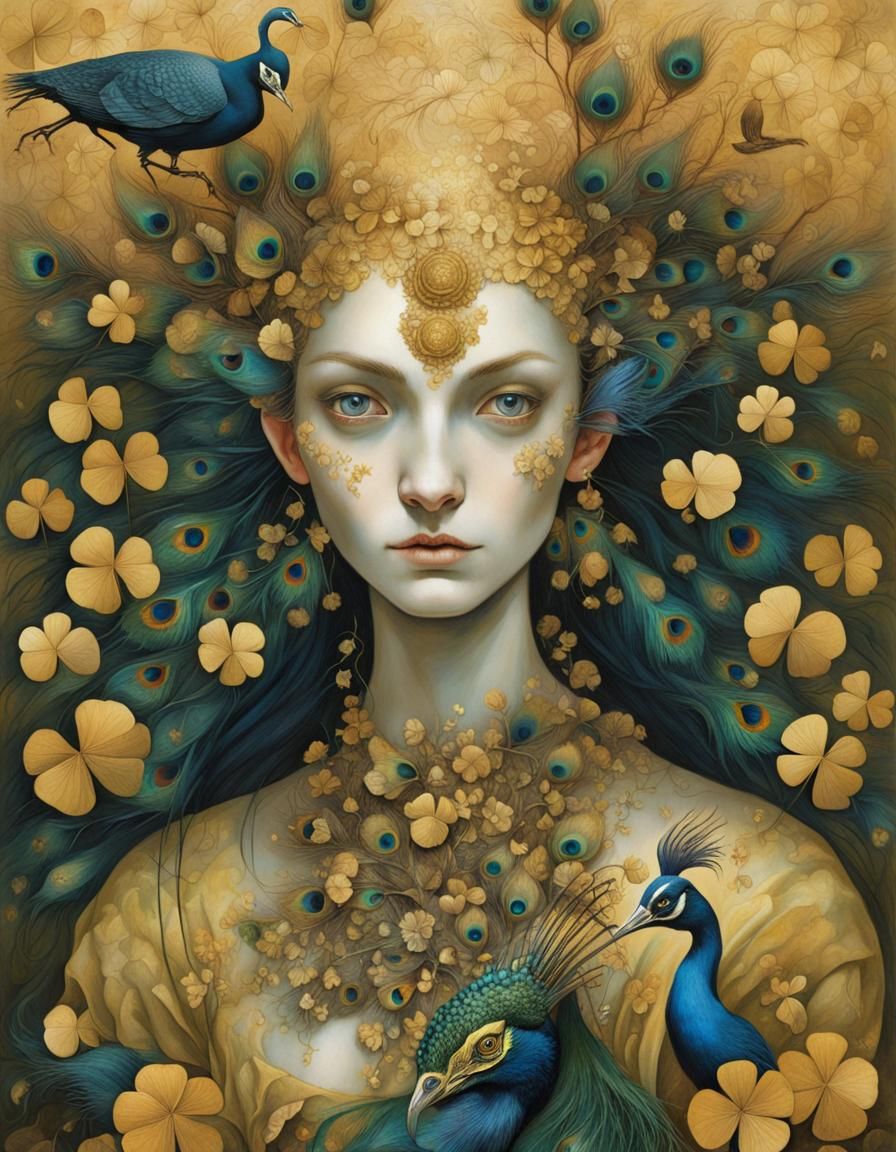 Fantasy Girl with Peacock Feathers, Detailed Digital Art