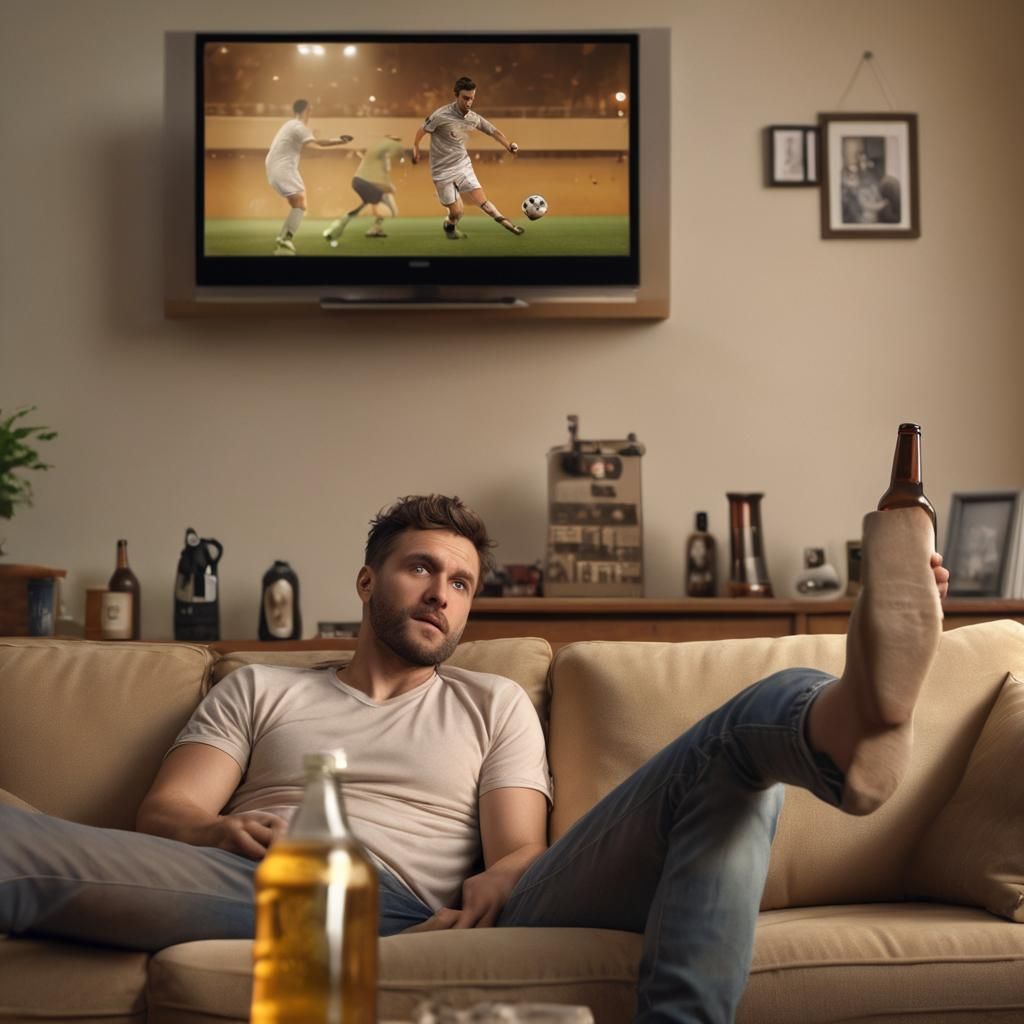 Man Watching Soccer in Hyper-Realistic Photo