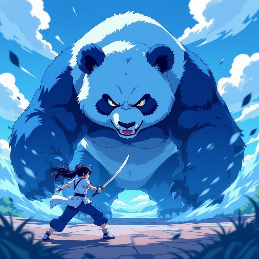 Anime Combat: Woman vs. Giant Blue Panda in Dynamic Action