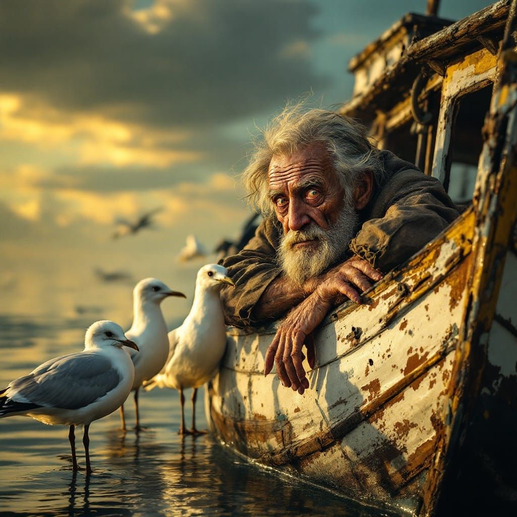 Weathered Fisherman Finds Solace with Seagulls at Sunset